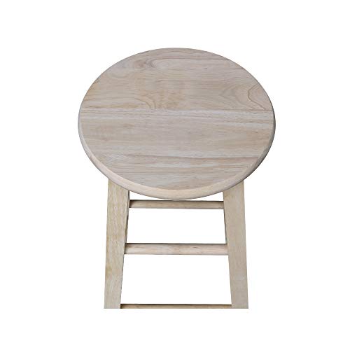 IC International Concepts, Unfinished H Round Top Wooden Stool, Solid Parawood Kitchen/Dining Barstool, Fully Assembled, 225 lb Weight Capacity, Paint or Stain in Any Color, 24-Inch