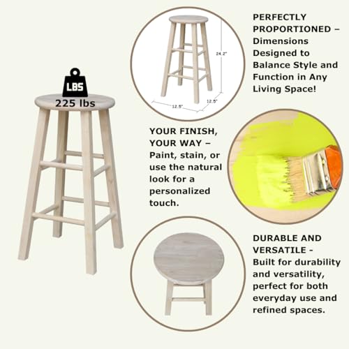 IC International Concepts, Unfinished H Round Top Wooden Stool, Solid Parawood Kitchen/Dining Barstool, Fully Assembled, 225 lb Weight Capacity, Paint or Stain in Any Color, 24-Inch