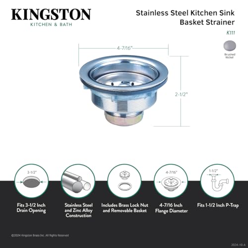 Kingston Brass K111 Stainless Steel Kitchen Sink Strainer with Die Cast Nut, 4-7/16-Inch Diameter, Brushed Nickel