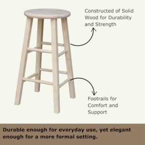 IC International Concepts, Unfinished H Round Top Wooden Stool, Solid Parawood Kitchen/Dining Barstool, Fully Assembled, 225 lb Weight Capacity, Paint or Stain in Any Color, 24-Inch