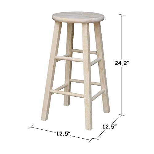 IC International Concepts, Unfinished H Round Top Wooden Stool, Solid Parawood Kitchen/Dining Barstool, Fully Assembled, 225 lb Weight Capacity, Paint or Stain in Any Color, 24-Inch