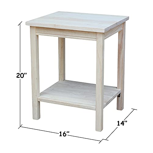 Portman Accent Table Solid Parawood Unfinished Wood 16"W x 14"D x 20"H with Shelf, Small Living Room Furniture for Painting or Staining, Traditional End Table for Bedroom or Entryway