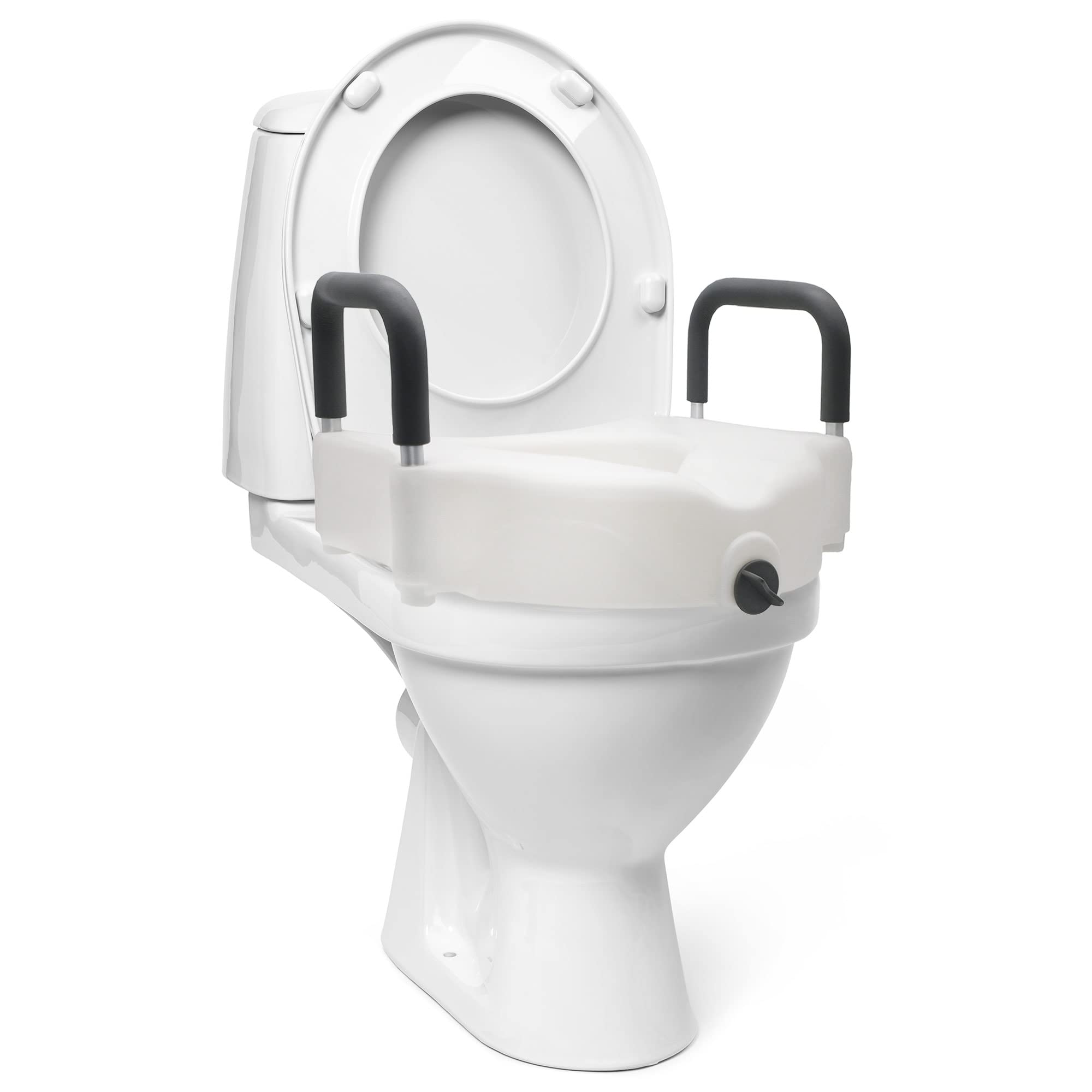 DMI Hi-Riser Elevated Locking Raised Toilet Seat with Armrests, 5 Inch Seat Height, Supports 350lbs, White