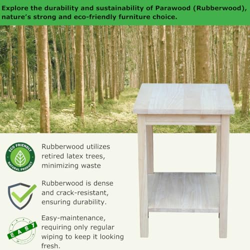 Portman Accent Table Solid Parawood Unfinished Wood 16"W x 14"D x 20"H with Shelf, Small Living Room Furniture for Painting or Staining, Traditional End Table for Bedroom or Entryway