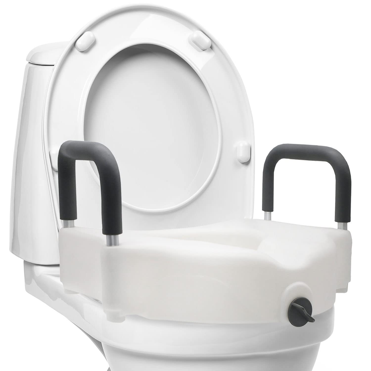 DMI Hi-Riser Elevated Locking Raised Toilet Seat with Armrests, 5 Inch Seat Height, Supports 350lbs, White