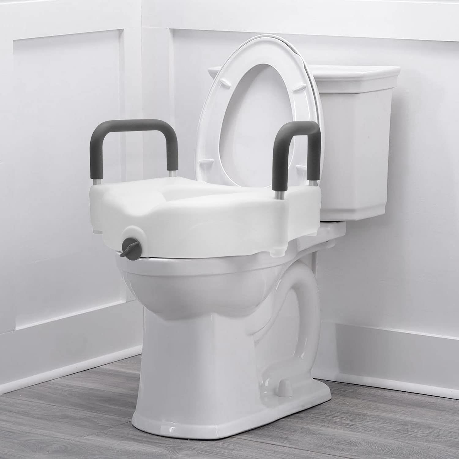 DMI Hi-Riser Elevated Locking Raised Toilet Seat with Armrests, 5 Inch Seat Height, Supports 350lbs, White