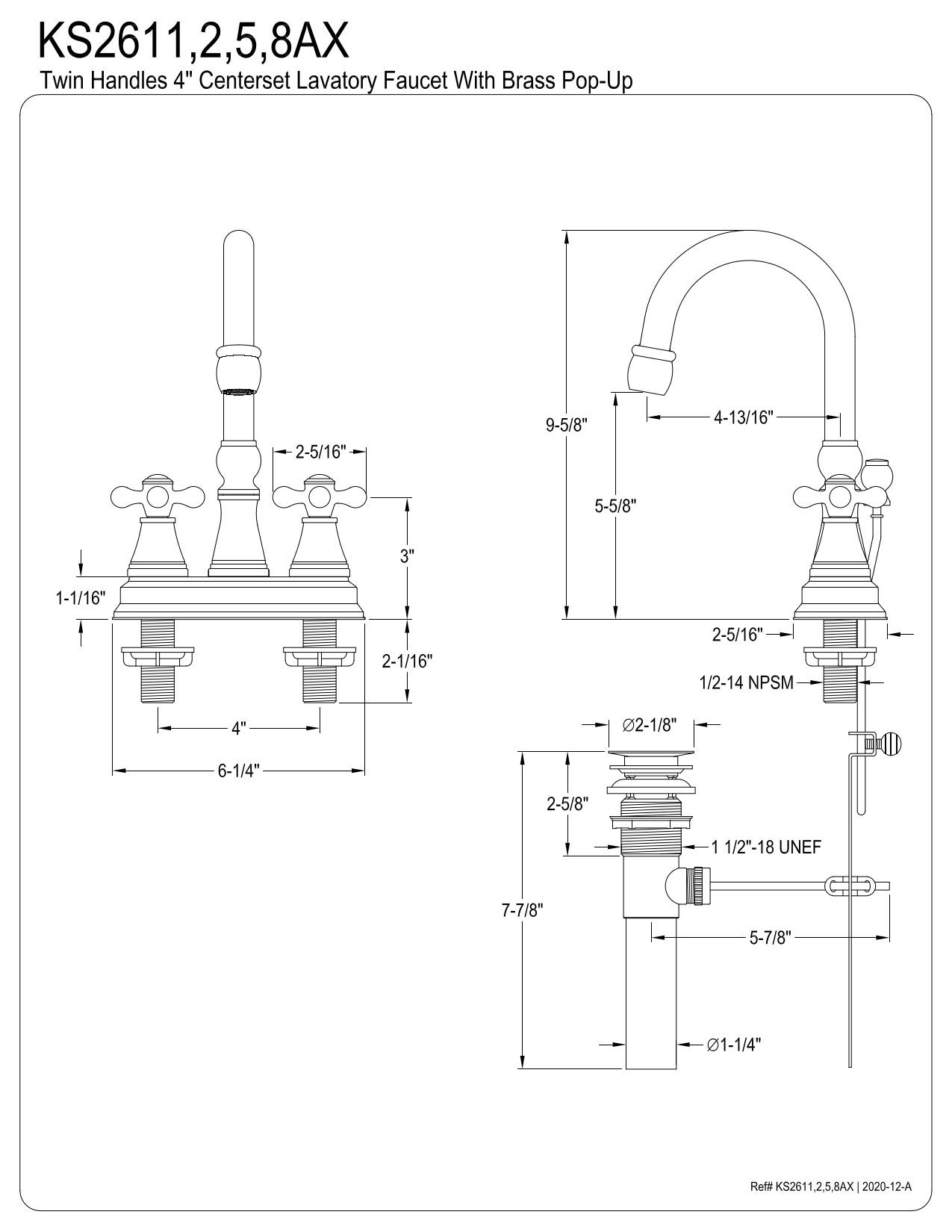 Kingston Brass KS2611AX Governor 4-Inch Centerset Lavatory Faucet with Brass Pop-Up with Metal Cross Handle, Polished Chrome