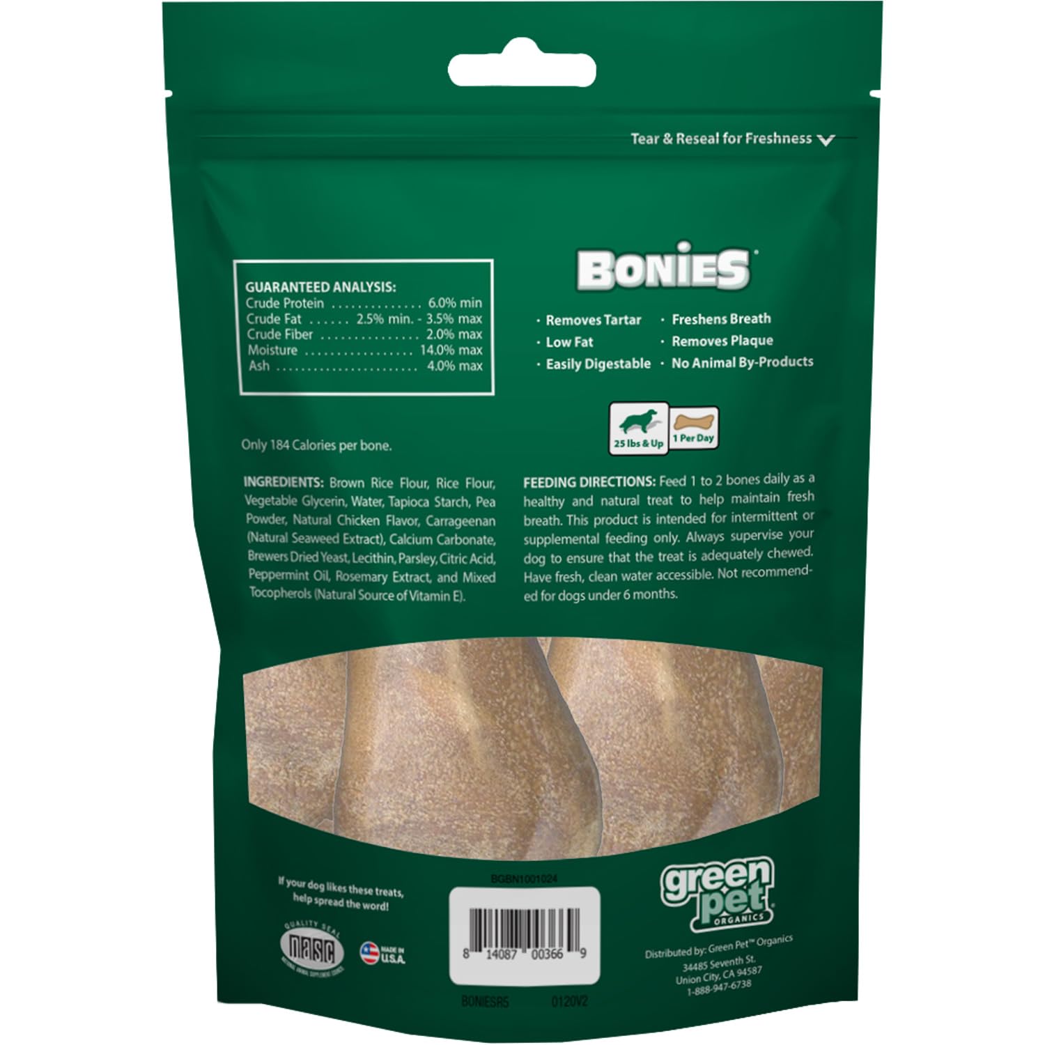 Bonies Breath and Dental Formula Treats for Dogs, All-Natural Ingredients, Fresh Breath, Cleans Teeth, Low Calories, Chicken Flavor - Large 3-Pack, 15 Bones