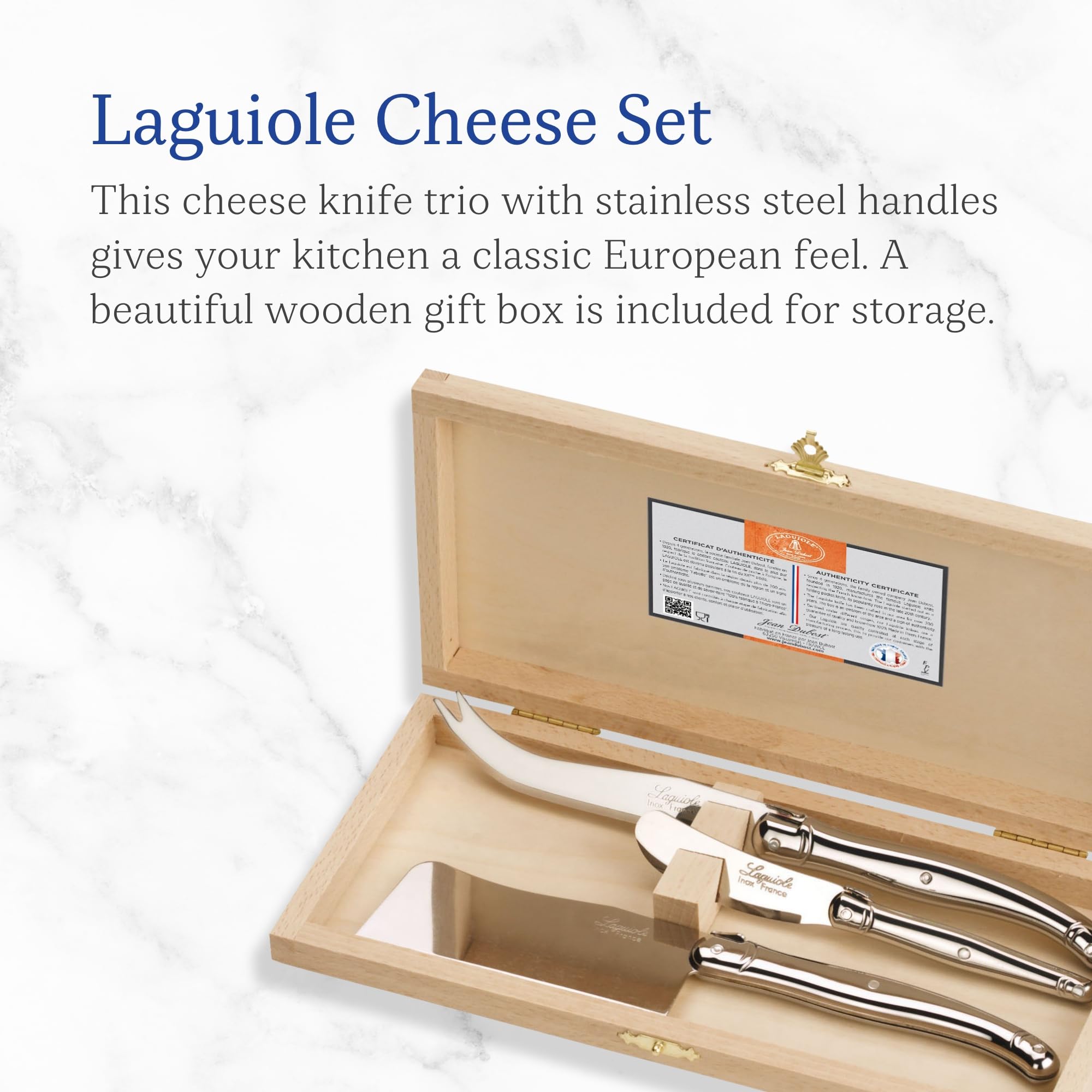 Jean Dubost Laguiole 3-Piece Cheese Knife Set, Stainless Steel Handles - Rust-Resistant Stainless Steel - Includes Wooden Box - Made in France