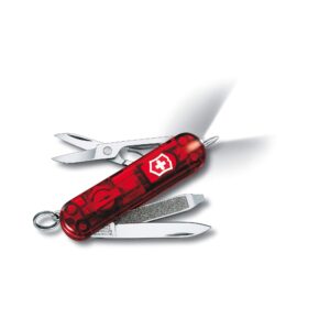 victorinox signature lite swiss army knife, compact, 7 functions, swiss made pocket knife with pressurized ballpoint pen, led and key ring - ruby