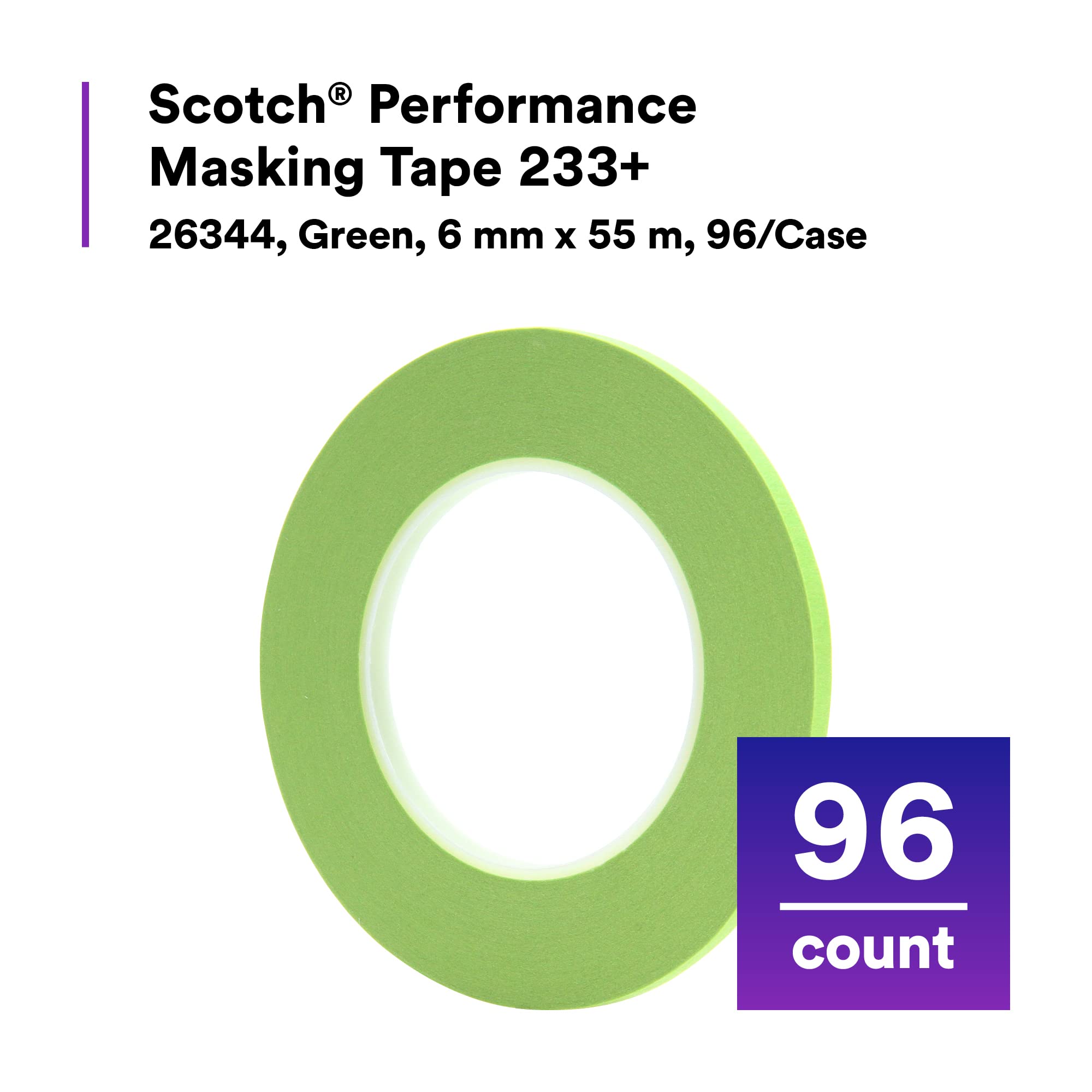 Scotch Performance Masking Tape 233+, 26344, Flexible, Moisture Resistant, Green Color, 6 mm x 55 mm, Automotive Masking Tape