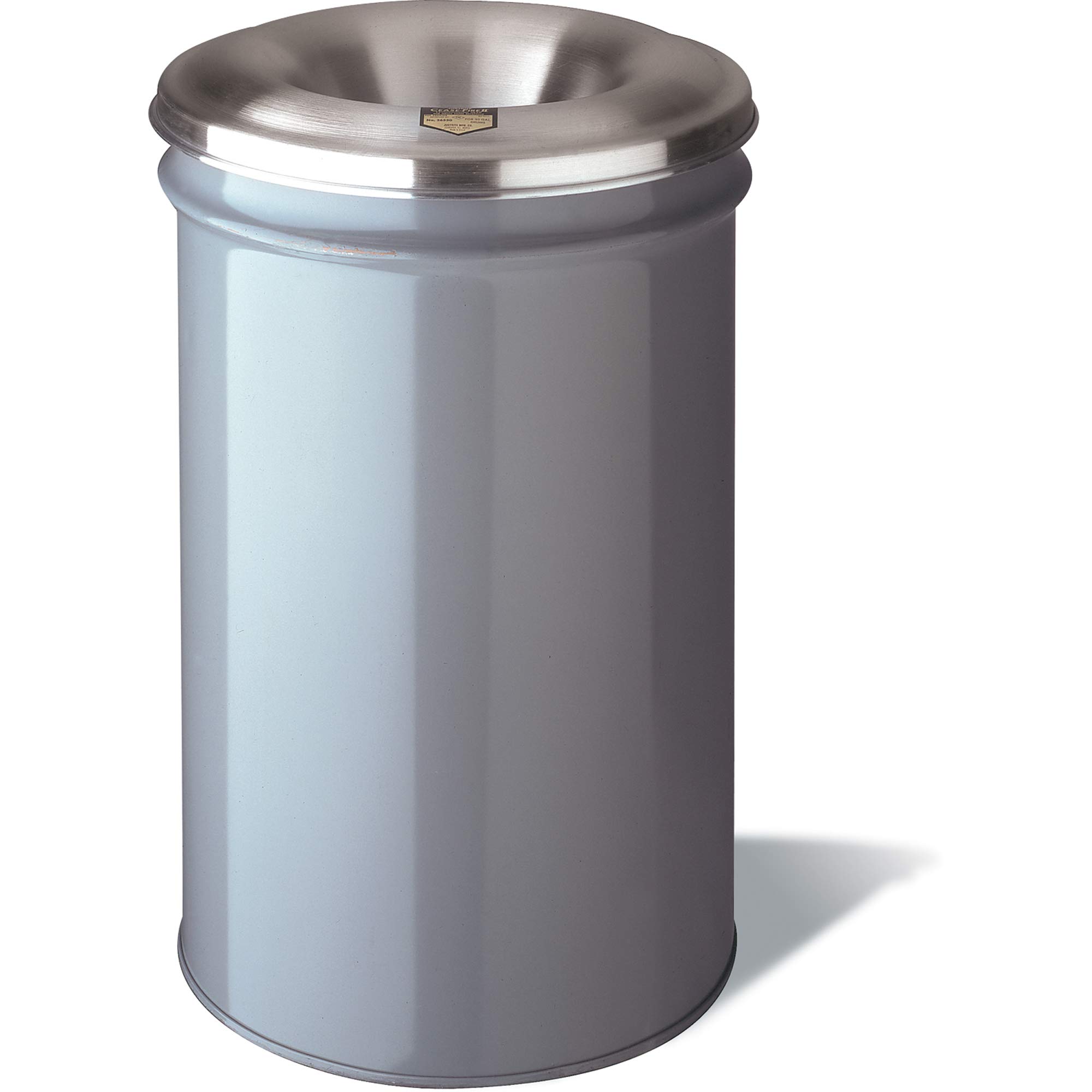 Justrite 26615G Cease-Fire Steel Paper Waste Receptacle with Aluminum Head, 15 Gallon Capacity, 15-1/8" OD x 25-3/4" Height, Gray