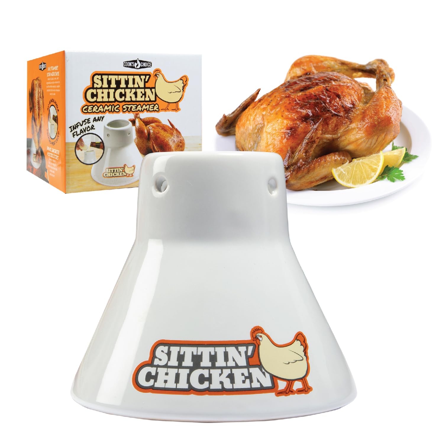 Sittin' Chicken Ceramic Beer Can Steamer & Roaster- Easily Infuse Marinade & Sauce Flavors Into Your Meat- Wide Ceramic Base for Oven or Grill Use- Easy Meal Prep for Christmas Meals & Holiday Parties