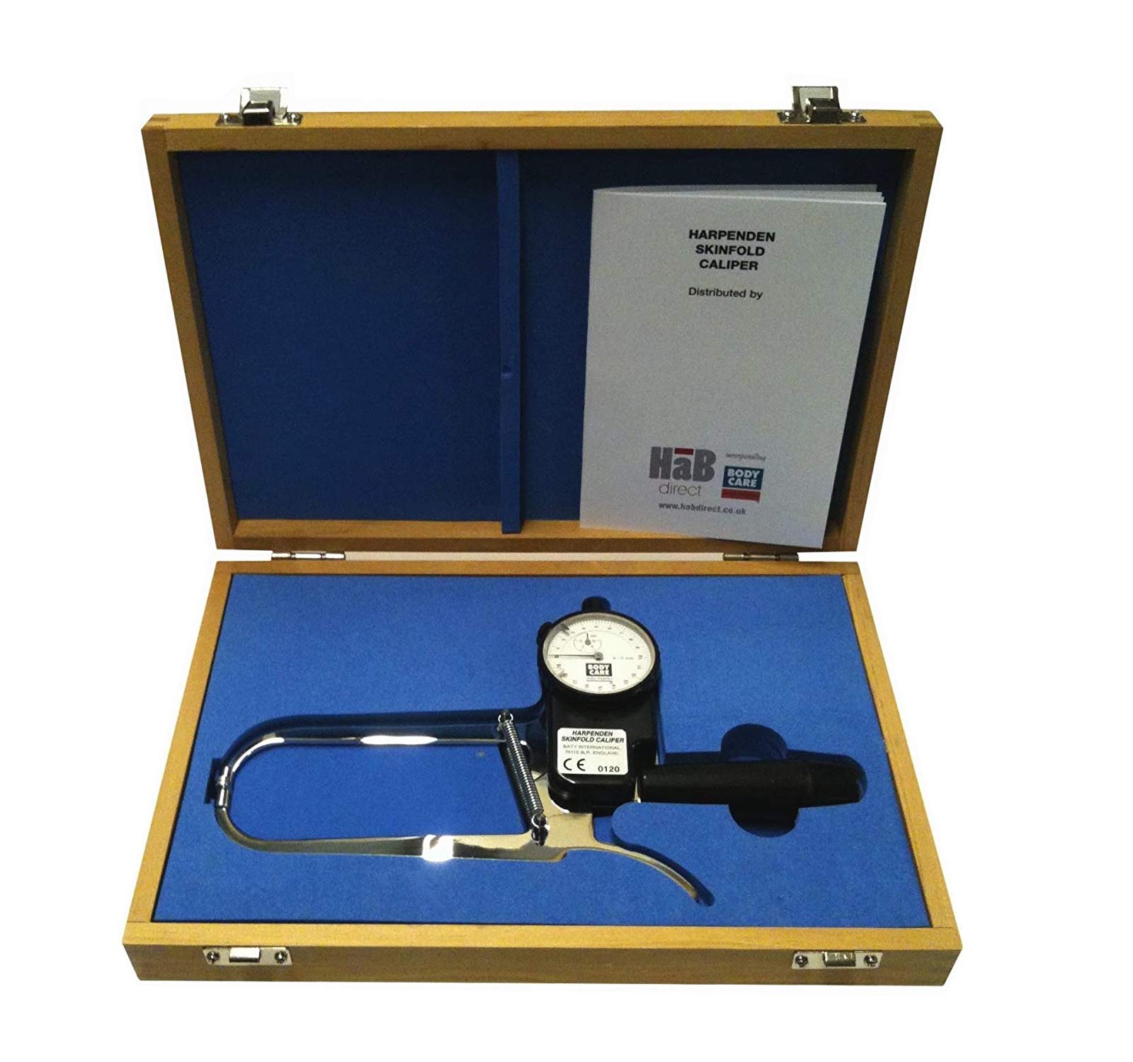 Harpenden Skinfold Caliper with Calibration Dowel, Wood Case, and Instruction Manual with Charts to Measure and Calculate Body Fat Percentage - 0.2 mm Accuracy, Scientific