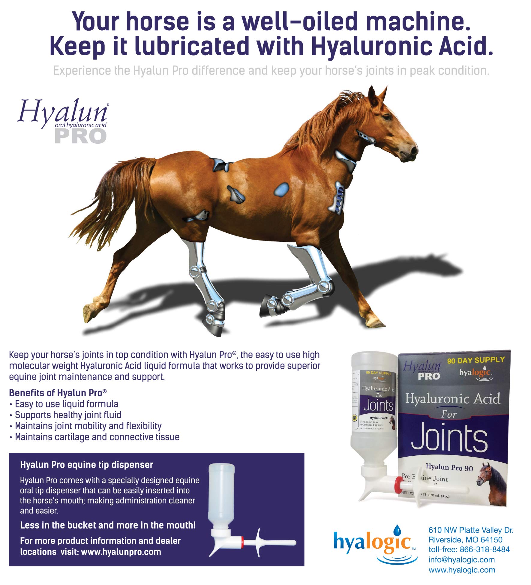 Hyalogic Hyaluronic Acid for Horses 30 Day Supply for Joint Health - Easy Oral Tip Dispenser - Liquid HA for Equine Joints & Cartilage Support Supplement - Hyalun Pro Equine Supplies - 3 oz / 90 ml