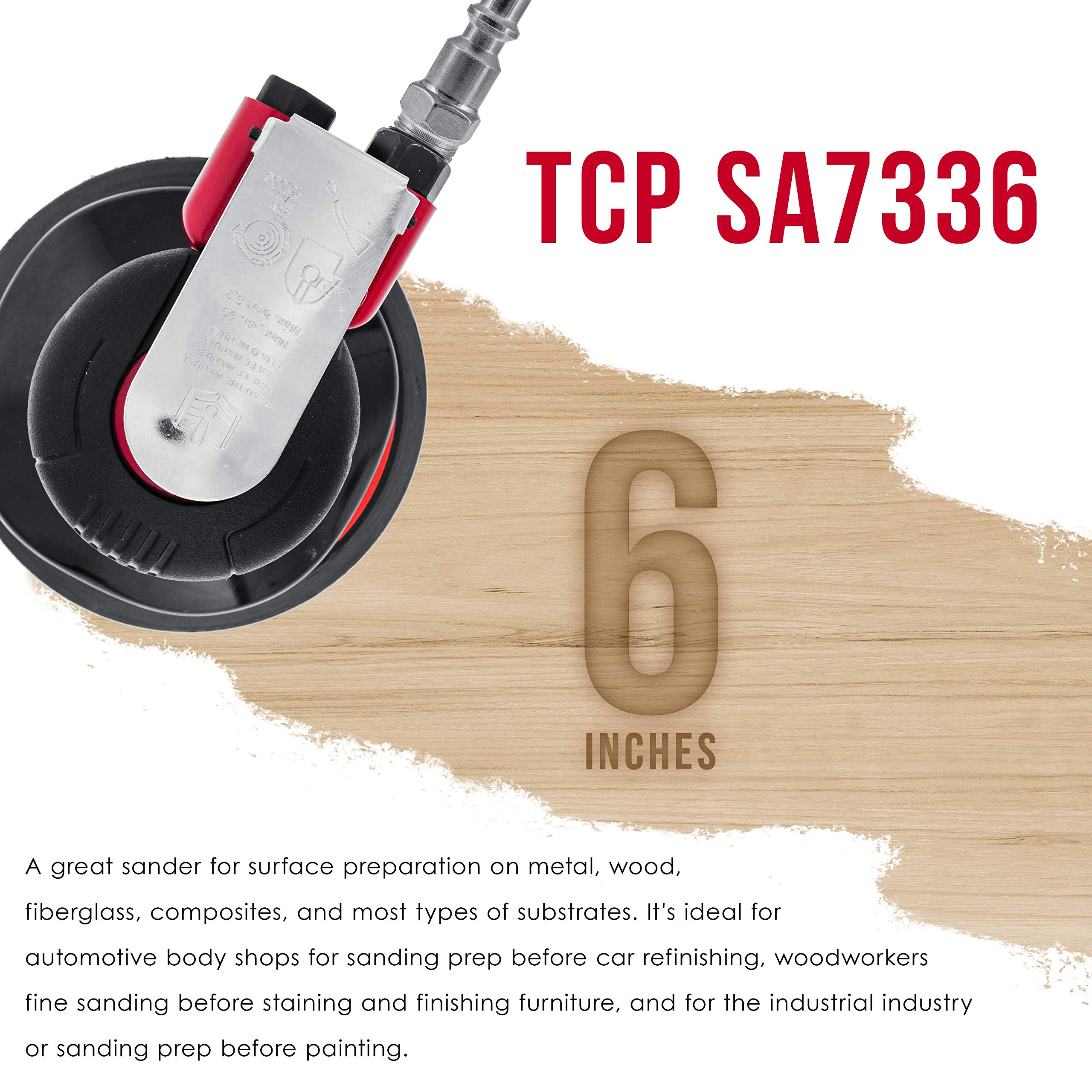 TCP Global Professional Heavy Duty 6" Dual-Action Random Orbit Air Palm Sander with Both PSA and Hook & Loop Backing Pads - Orbital Pneumatic Sanding Disc Sander - Automotive Body Shop, Woodworking