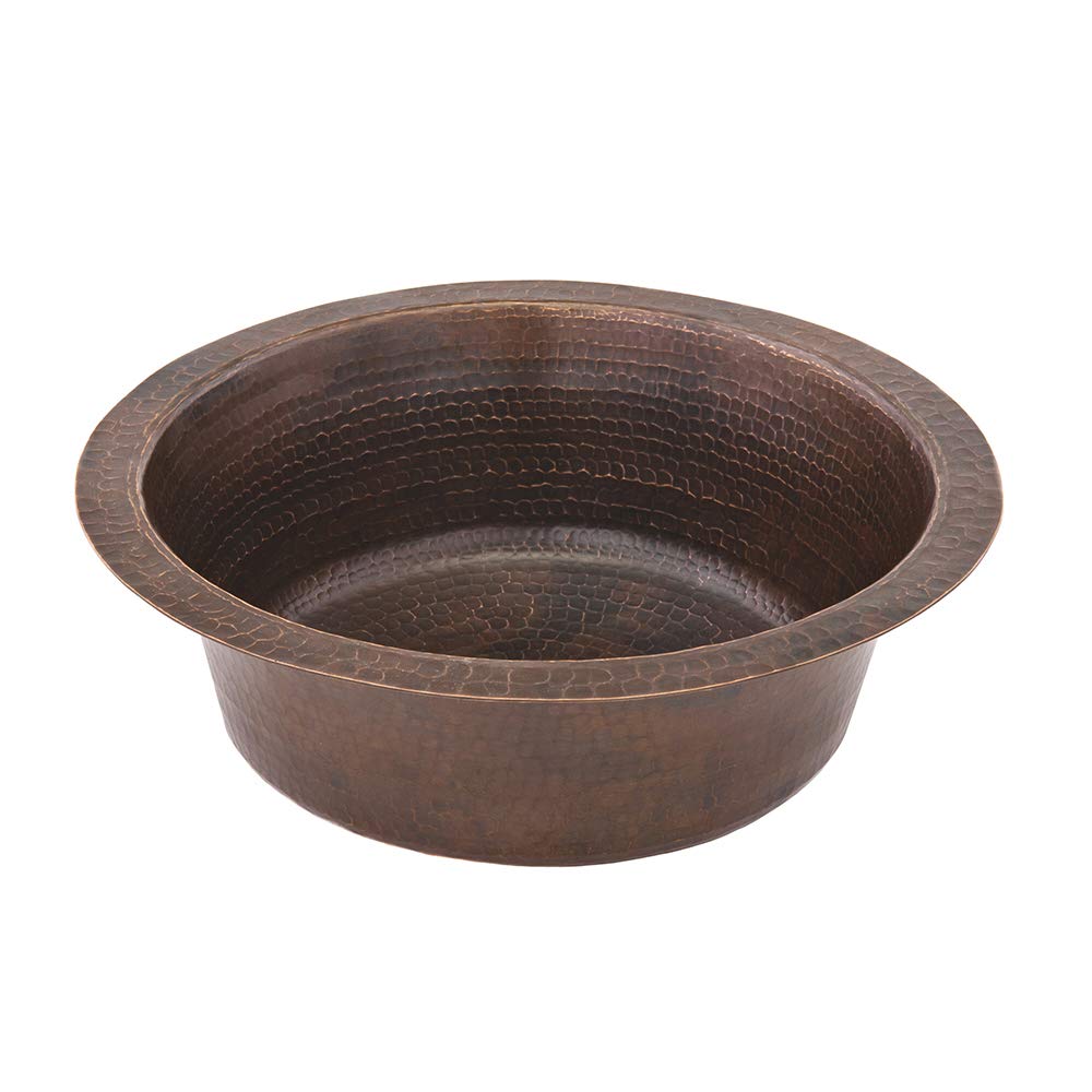 Premier Copper Products BR14DB3 14-Inch Universal Round Hammered Copper Sink with 3.5-Inch Drain Size, Oil Rubbed Bronze