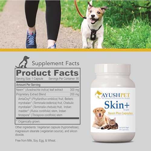 Ayush Pet Skin Plus, Neem Supplement for Healthy Skin and Coat, Supports Gut and Immunity, 90 Capsules