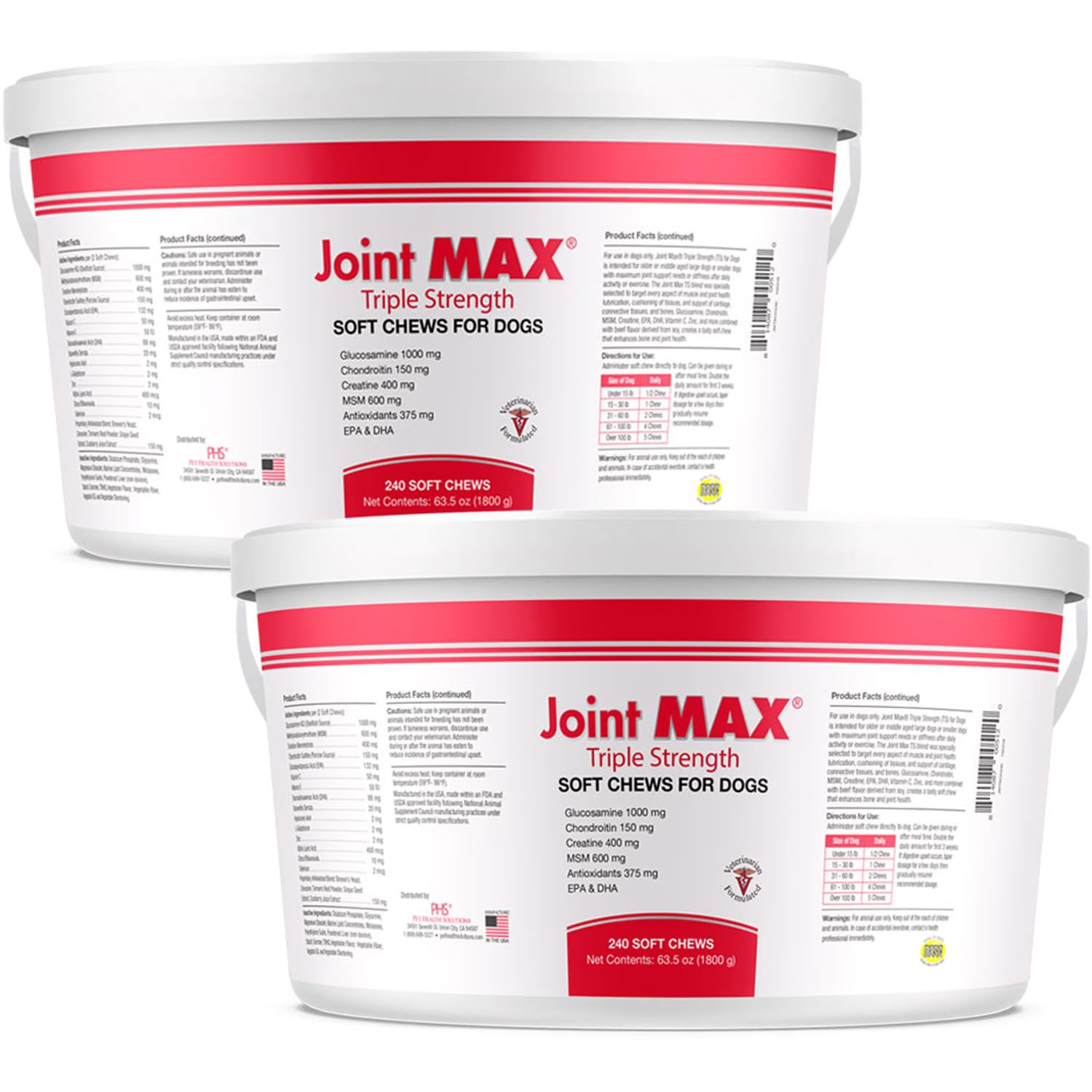 PHS Joint MAX Triple Strength (TS) Soft Chews for Dogs - Glucosamine, Chondroitin, MSM - Vitamins, Minerals, Antioxidants- Hip and Joint Support for Dogs - Made in USA - 2-Pack - 480 Soft Chews