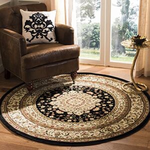 safavieh lyndhurst collection 8' round black/ivory lnh213a traditional oriental non-shedding dining room entryway foyer living room bedroom area rug