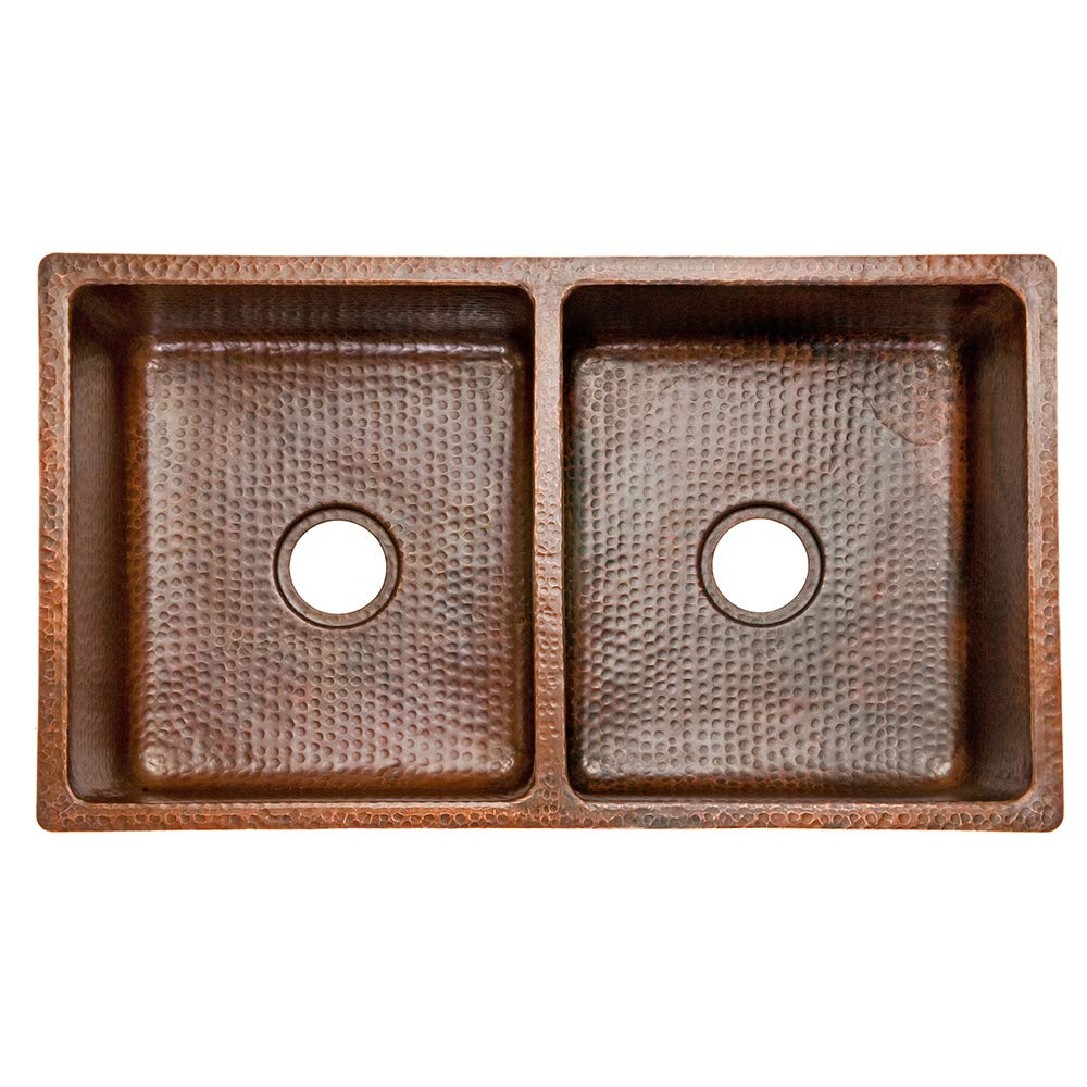 Premier Copper Products K50DB33199 33-Inch Hammered Copper Kitchen 50/50 Double Basin Sink, Oil Rubbed Bronze