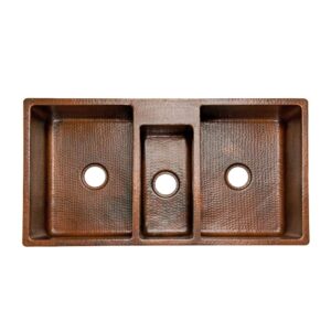 Premier Copper Products KTDB422210 42-Inch Hammered Copper Kitchen Triple Basin Sink, Oil Rubbed Bronze