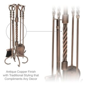 Uniflame, F-1311, 5-Piece Antique Copper Fireplace Tools Set with Ring Swirl Handles