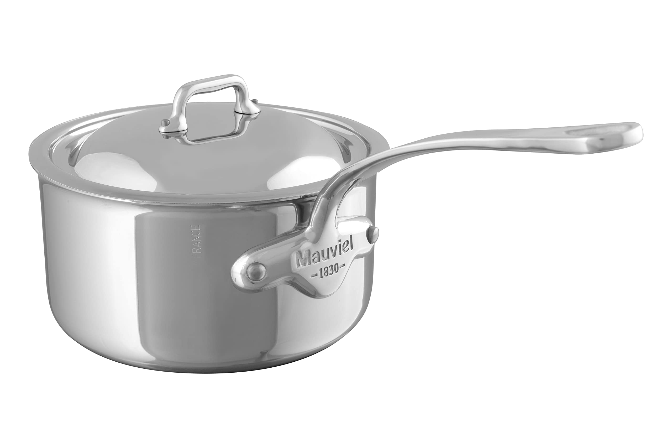 Mauviel M'Cook 5-Ply Polished Stainless Steel Sauce Pan With Lid, Cast Stainless Steel Handle, 2.6-qt, Made In France