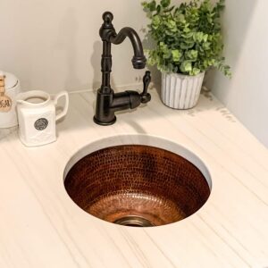 Premier Copper Products BR14DB3 14-Inch Universal Round Hammered Copper Sink with 3.5-Inch Drain Size, Oil Rubbed Bronze