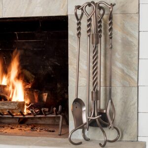 Uniflame, F-1311, 5-Piece Antique Copper Fireplace Tools Set with Ring Swirl Handles