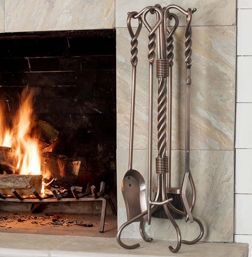 Uniflame, F-1311, 5-Piece Antique Copper Fireplace Tools Set with Ring Swirl Handles