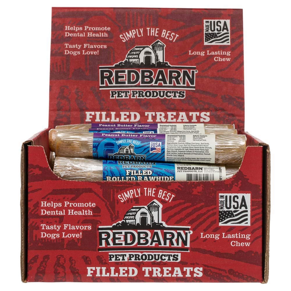 Redbarn Filled Rolled Rawhide for Dogs, Peanut Butter Flavor - Premium High Protein Low Fat Chew Treat - Case of 24