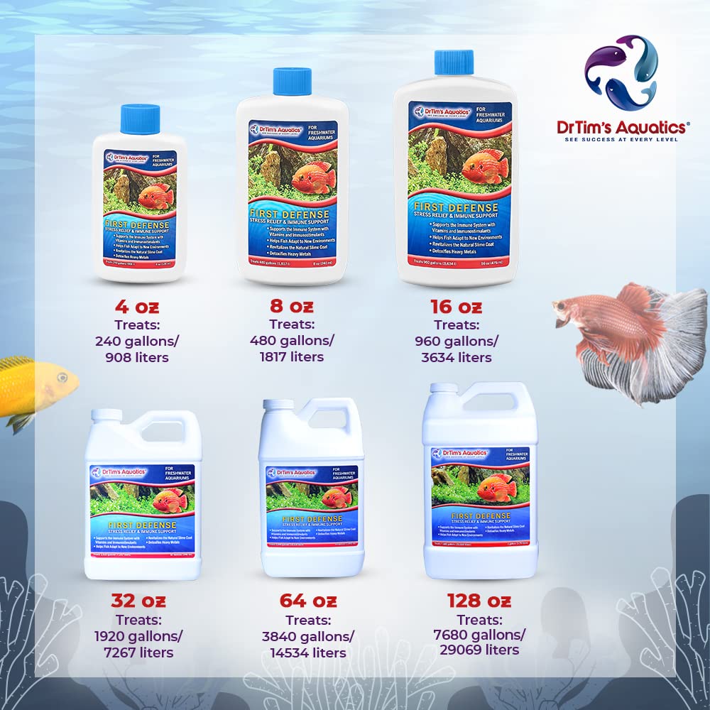 DrTim's Aquatics First Defense for Freshwater Aquariums – Stress Relief & Immune System Support with Vitamins Immunostimulants Fish Tanks 4oz.