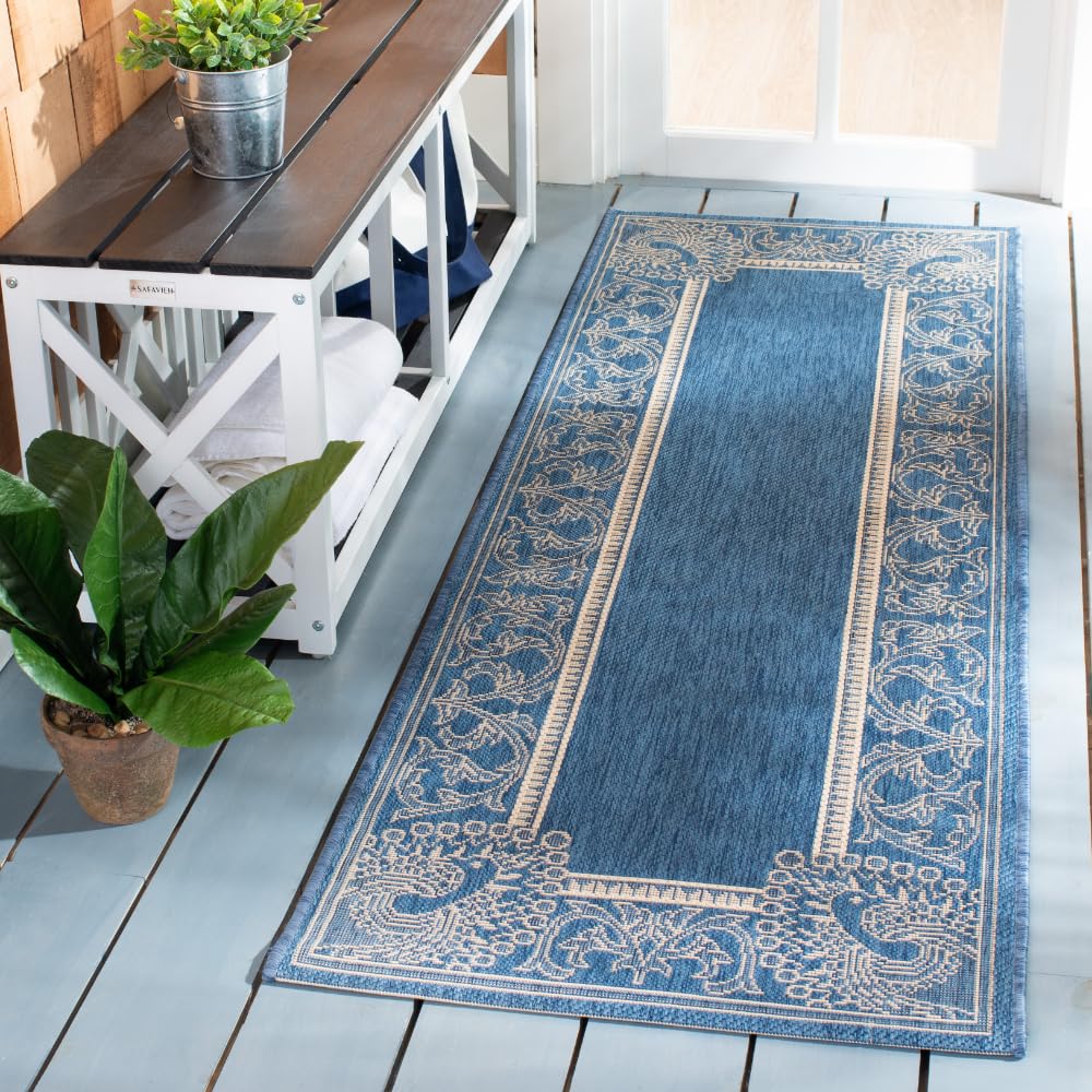 SAFAVIEH Courtyard Collection Runner Rug - 2'3" x 6'7", Blue & Natural, Non-Shedding & Easy Care, Indoor/Outdoor & Washable-Ideal for Patio, Backyard, Mudroom (CY2965-3103)