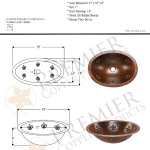 Premier Copper Products LO19FFLDB 19-Inch Oval Fleur De Lis Under Mount Hammered Copper Sink, Oil Rubbed Bronze