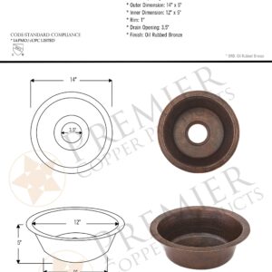 Premier Copper Products BR14DB3 14-Inch Universal Round Hammered Copper Sink with 3.5-Inch Drain Size, Oil Rubbed Bronze