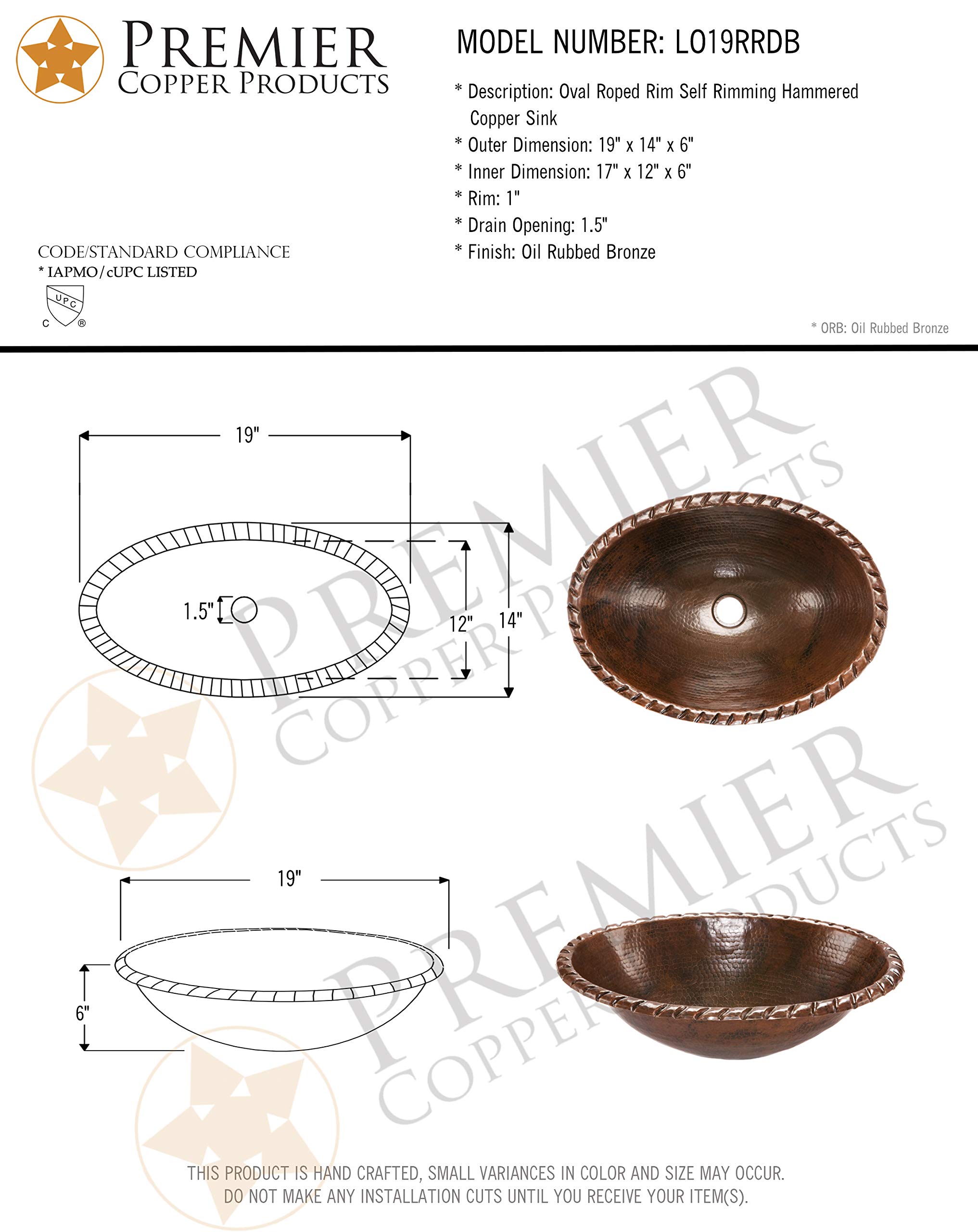 Premier Copper Products LO19RRDB 19-Inch Oval Roped Rim Self Rimming Hammered Copper Sink, Oil Rubbed Bronze