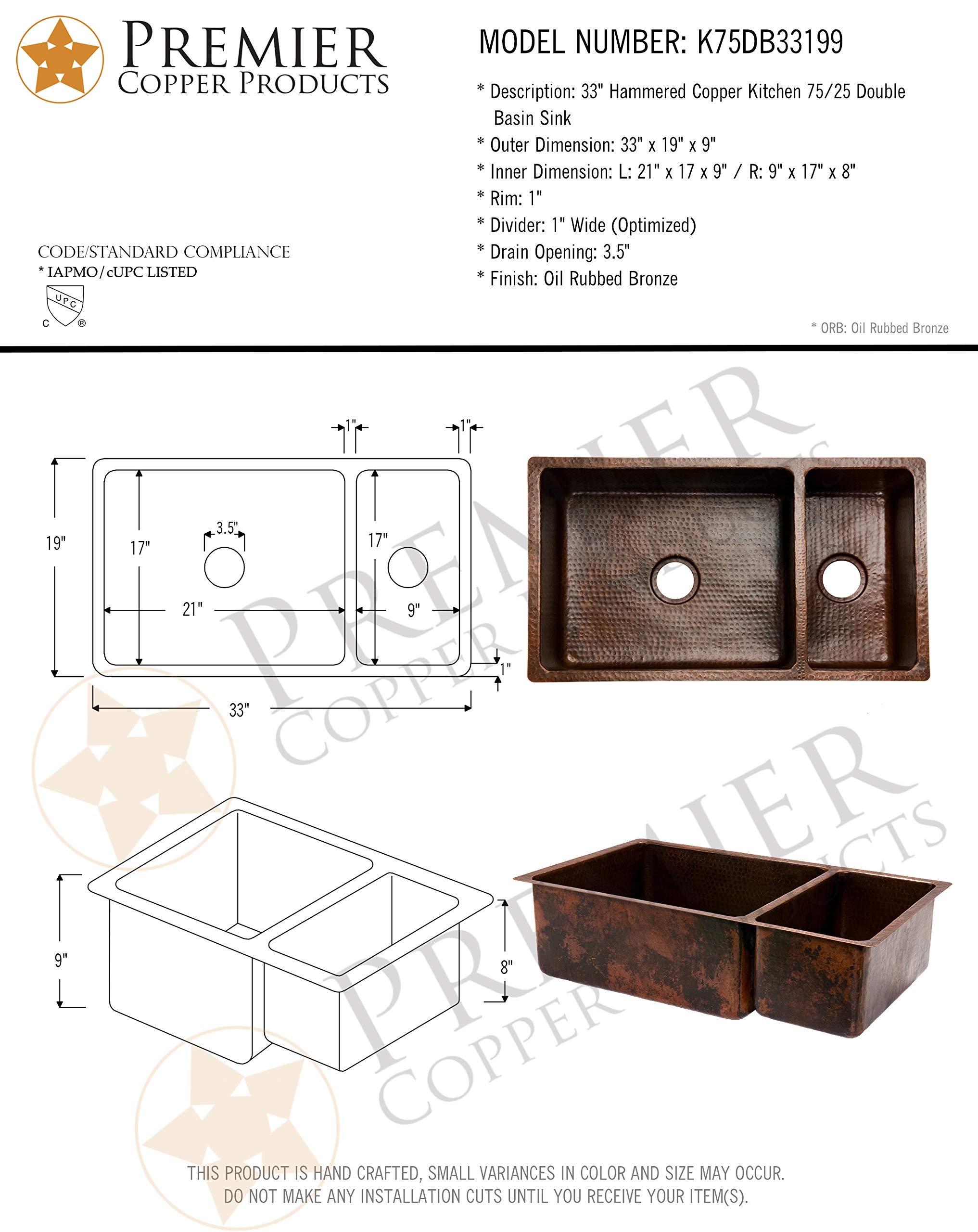 Premier Copper Products K75DB33199 33-Inch Hammered Copper Kitchen 75/25 Double Basin Sink, Oil Rubbed Bronze