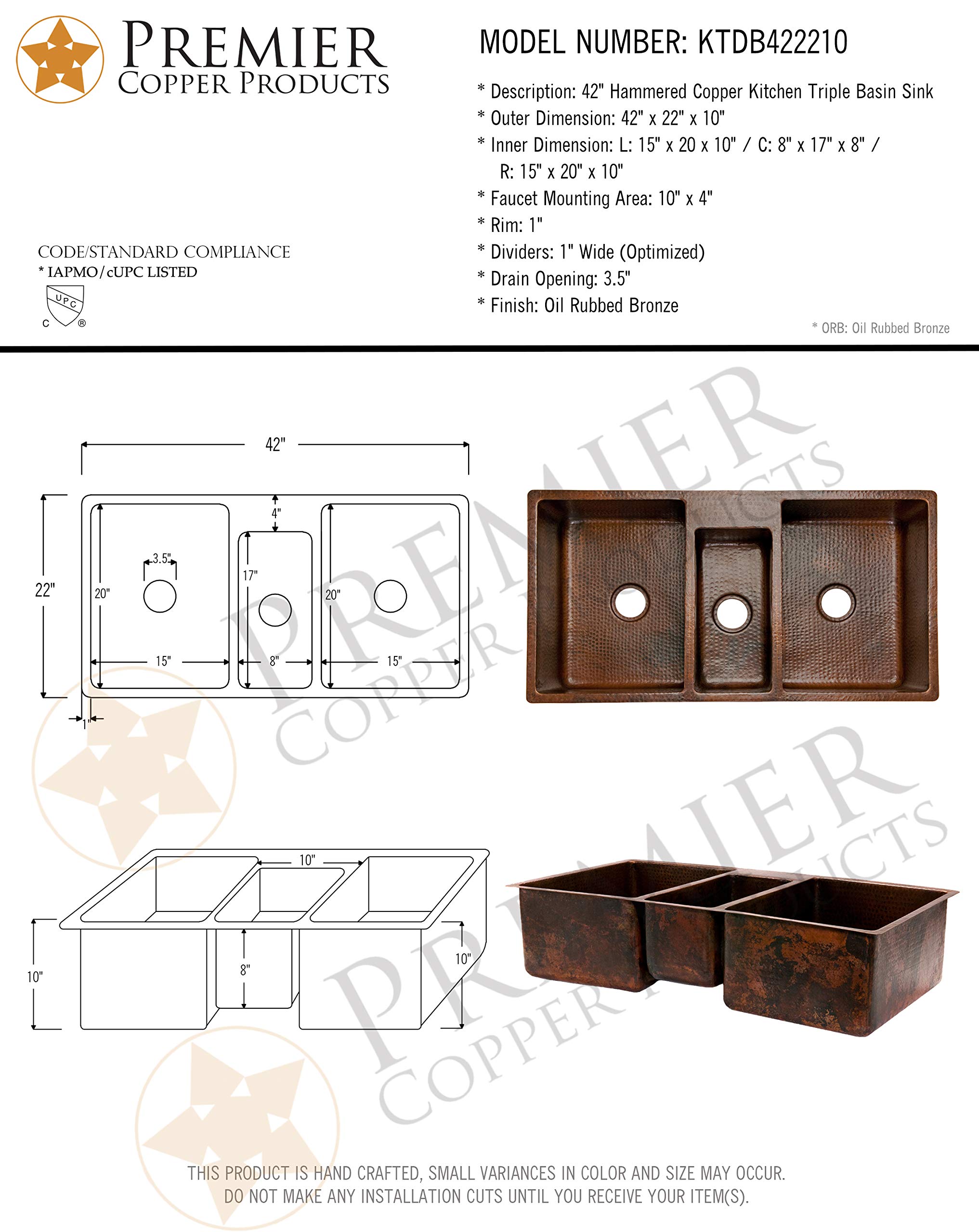 Premier Copper Products KTDB422210 42-Inch Hammered Copper Kitchen Triple Basin Sink, Oil Rubbed Bronze