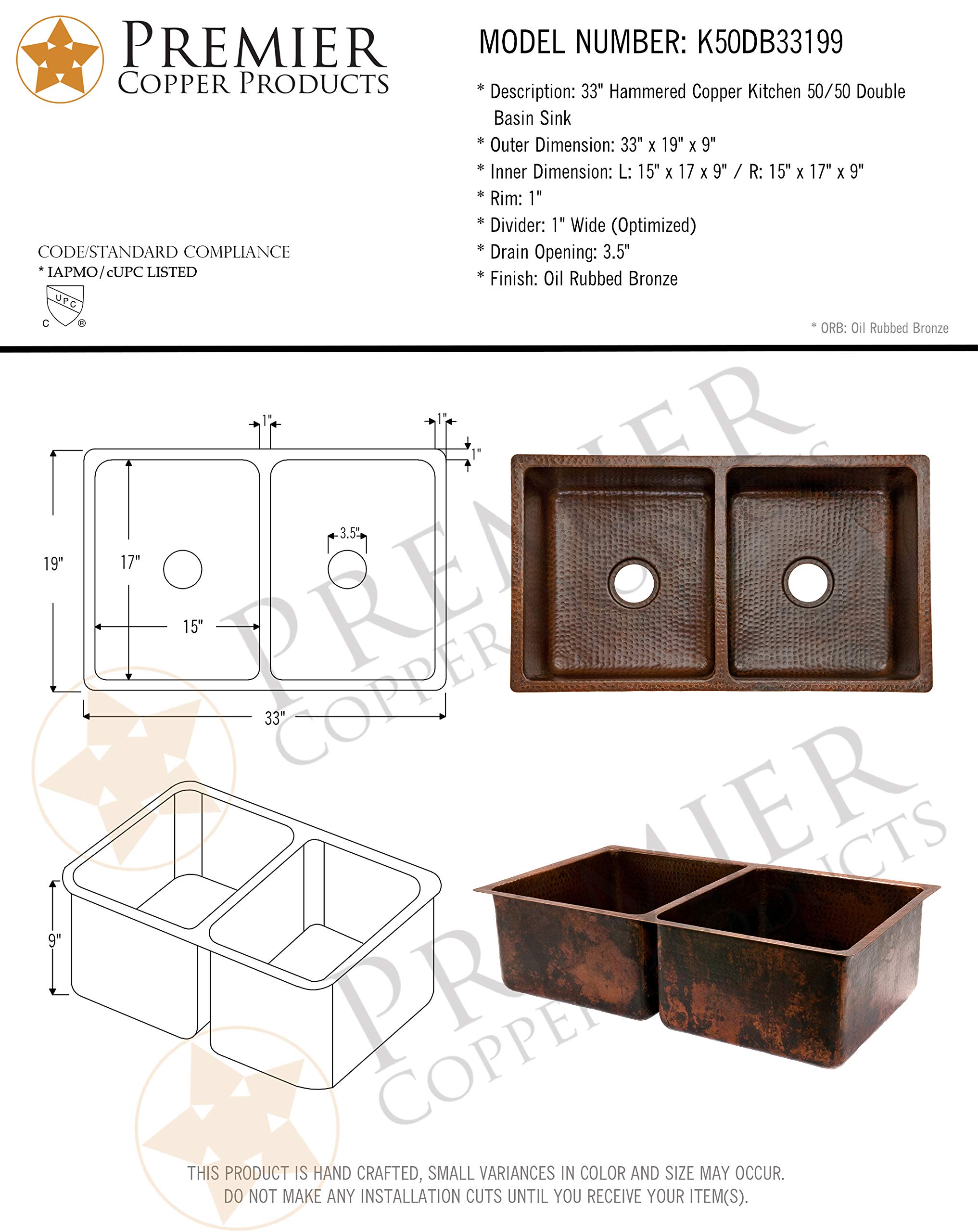 Premier Copper Products K50DB33199 33-Inch Hammered Copper Kitchen 50/50 Double Basin Sink, Oil Rubbed Bronze