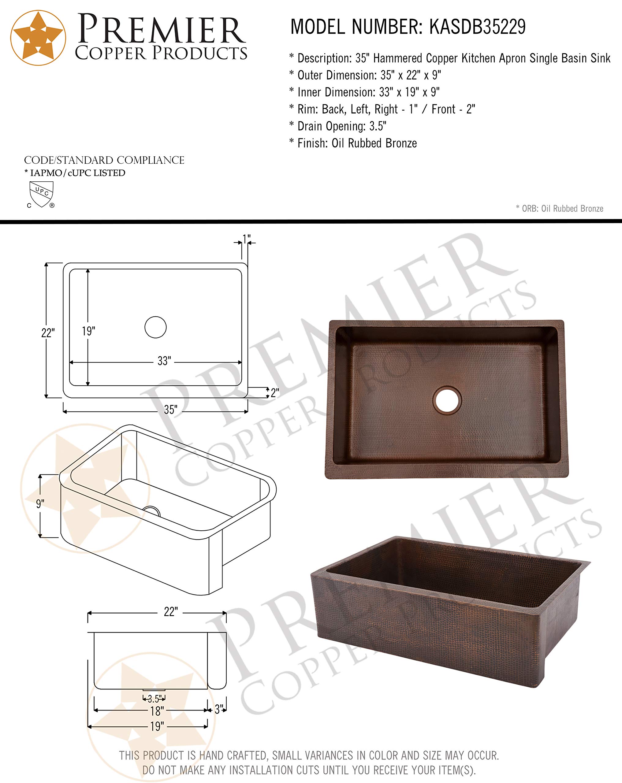 Premier Copper Products KASDB35229 35-Inch Copper Hammered Kitchen Apron Single Basin Sink, Oil Rubbed Bronze