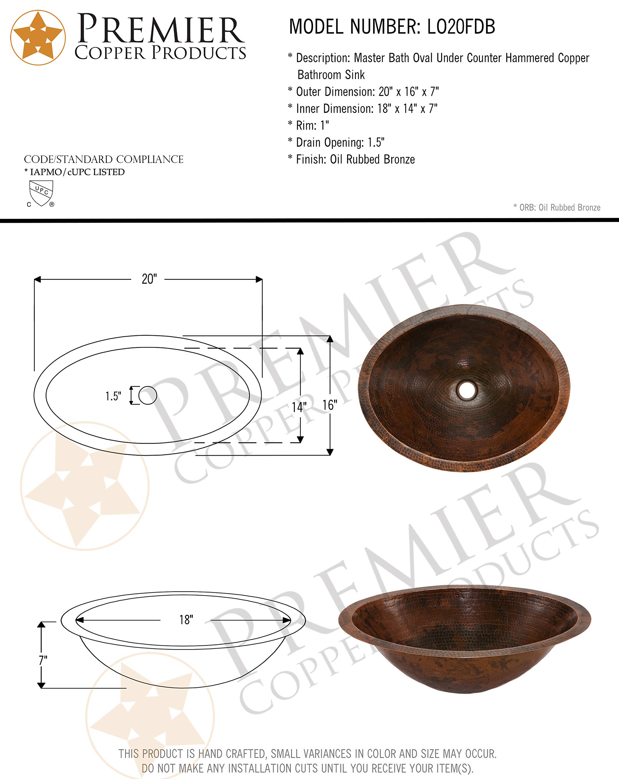 Premier Copper Products LO20FDB 20-Inch Master Bath Oval Under Counter Hammered Copper Bathroom Sink, Oil Rubbed Bronze