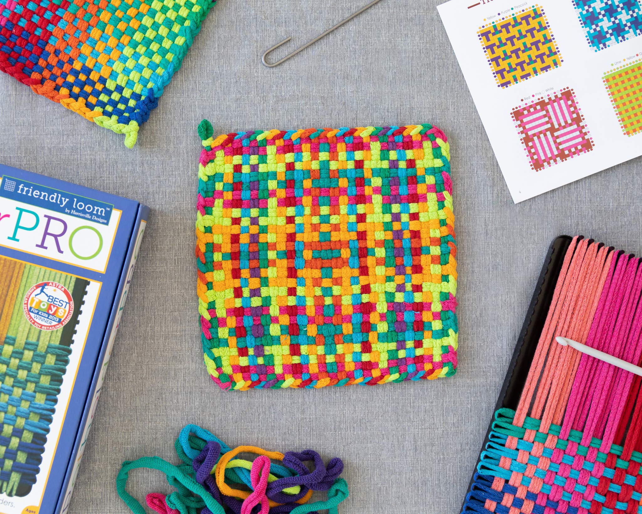 Friendly Loom 10" PRO Size Black Potholder Metal Loom Kit with Bright Rainbow Color Cotton Loops to Make 2 Potholders, Weaving Crafts for Kids & Adults MADE IN THE USA by Harrisville Designs