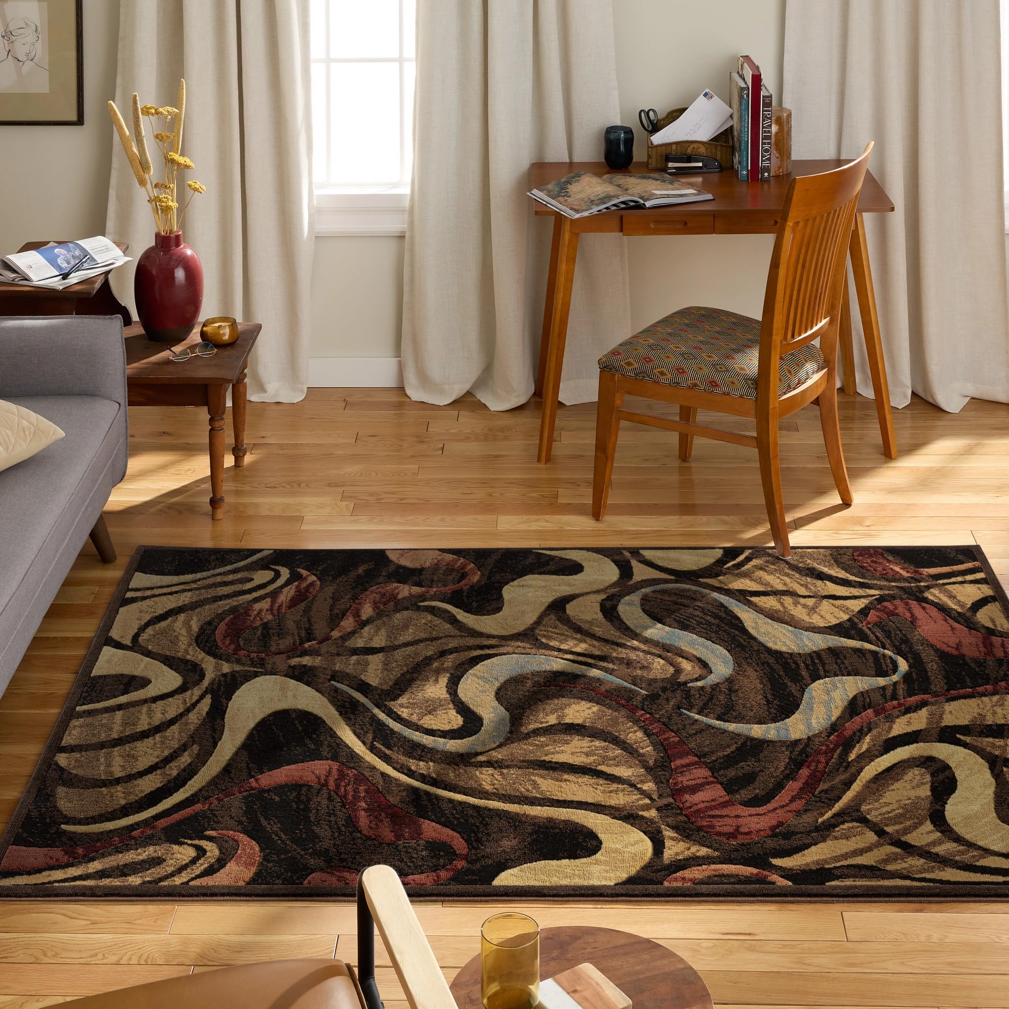 Home Dynamix Catalina Picasso Contemporary Artistic Swirl Area Rug, Black/Brown, 5'3"x7'2"