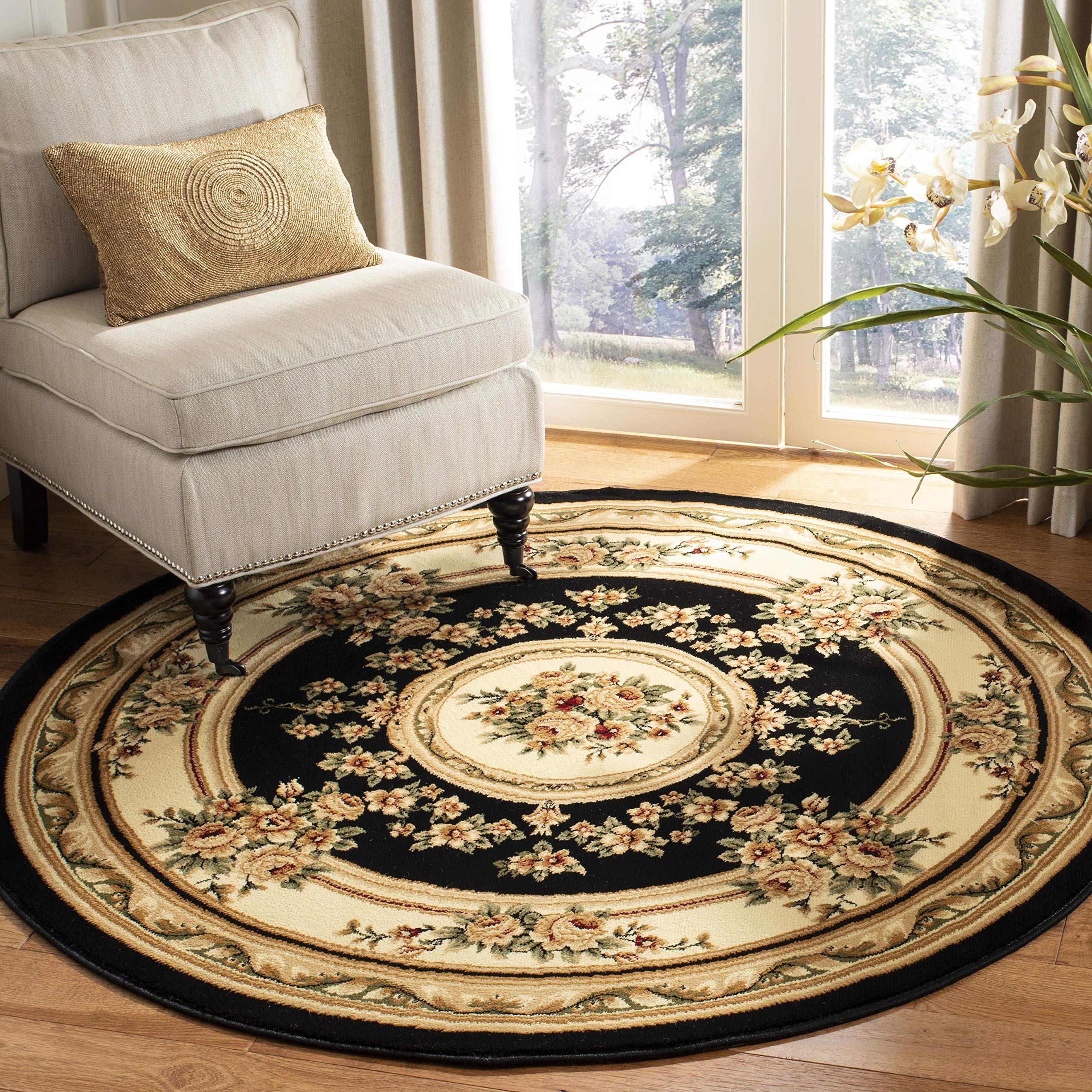 SAFAVIEH Lyndhurst Collection 5'3" Round Black/Ivory LNH218A Traditional European Medallion Non-Shedding Dining Room Entryway Foyer Living Room Bedroom Area Rug