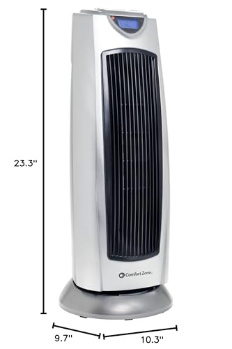 Comfort Zone Electric Oscillating Ceramic Tower Space Heater, Remote, Backlit Digital Thermostat & Temperature Display, Timer, & Overheat Sensor, Ideal for Home, Bedroom, & Office, 1,500W, CZ499R