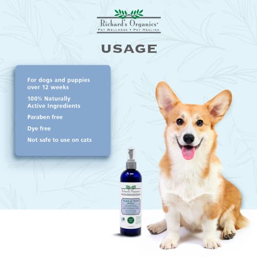 Richard’s Organics Gentle Flea and Tick Spray for Dogs –100% Natural Actives Kills Fleas, Ticks, Repels Mosquitos for Up to 4 Weeks – No Harsh Chemicals, Safe for Use Around Children (12 oz)