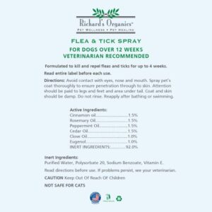 Richard’s Organics Gentle Flea and Tick Spray for Dogs –100% Natural Actives Kills Fleas, Ticks, Repels Mosquitos for Up to 4 Weeks – No Harsh Chemicals, Safe for Use Around Children (12 oz)