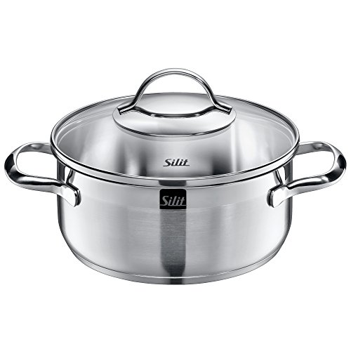 Silit Pot Ø 20 cm Approx. 2.5L Achat Pouring Rim Glass Lid Stainless Steel Polished Suitable for Induction Hobs Dishwasher-Safe