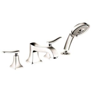 hansgrohe metris c classic 2-handle 19-inch wide roman tub filler freestanding bathtub faucetand shower set in polished nickel, 31314831